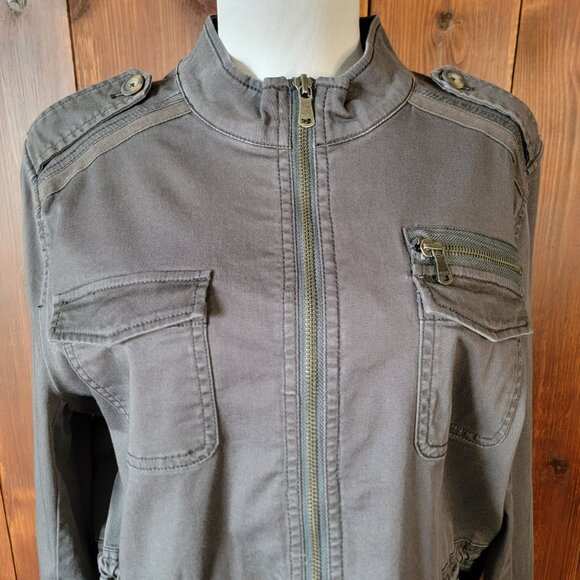 Express Women M Gray Full Zip Military Utility Jacket Cargo Style Waist Cinch - Picture 3 of 10